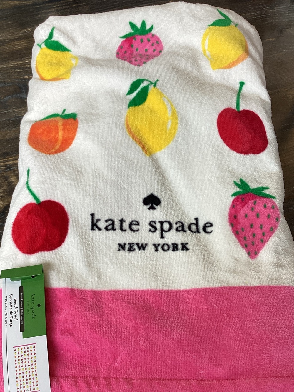 Kate Spade Large Beach Towel with Pink Trim & Multi-Colored Fruit